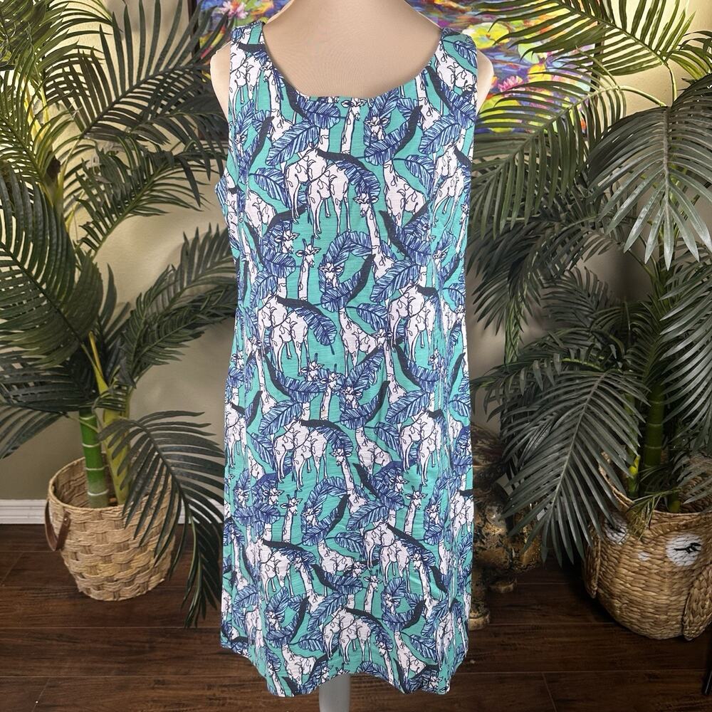 Talbots Women 8 Dress Shift Girraffes Green Blue Cotton / 1% Spandex Zip